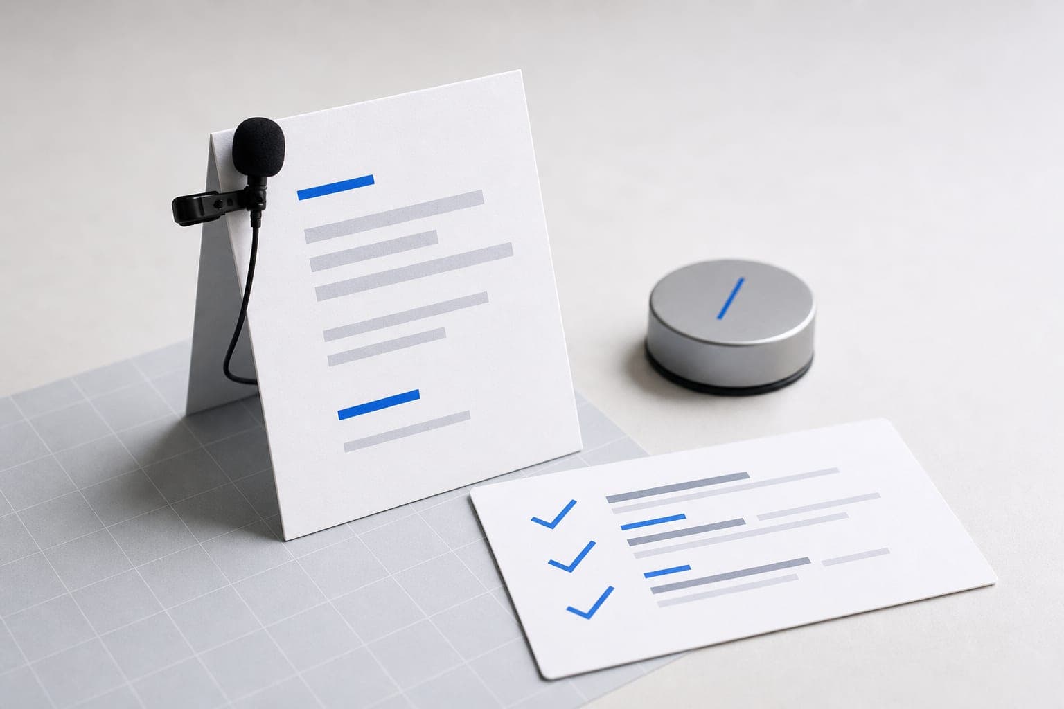 A clip-on microphone resting against an interview question card, beside a scored answer sheet